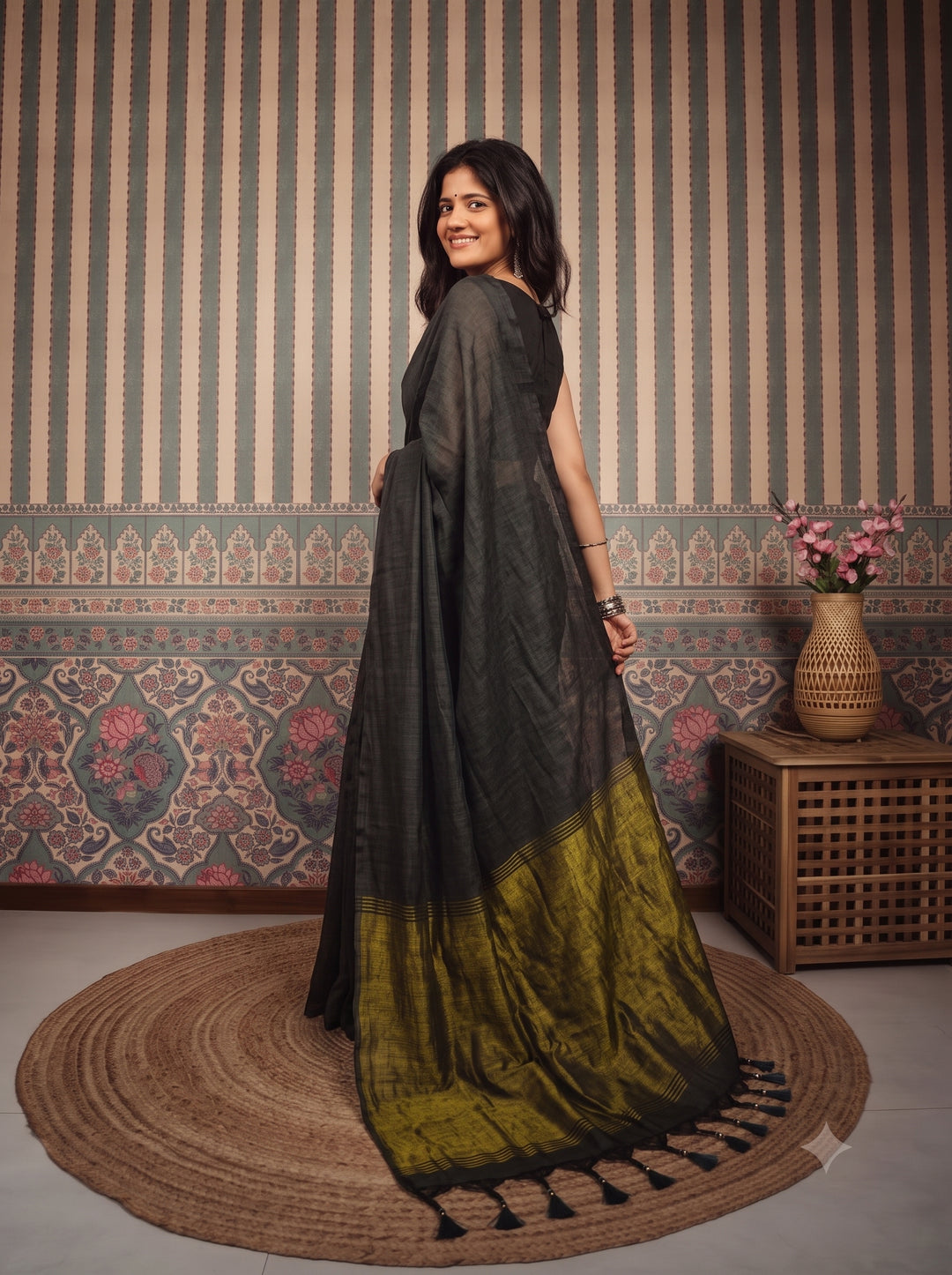 Grey Mul Cotton Saree with Antique Gold Zari Woven Pallu, Tassels & Matching Blouse