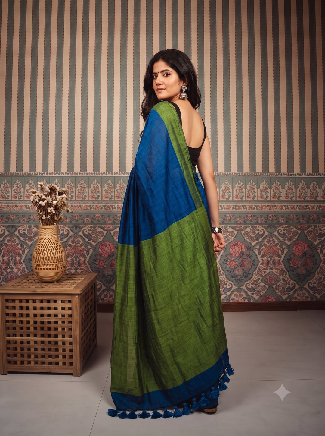Royal Blue Mul Cotton Saree with Olive Green Contrast Pallu, Tassels & Matching Blouse
