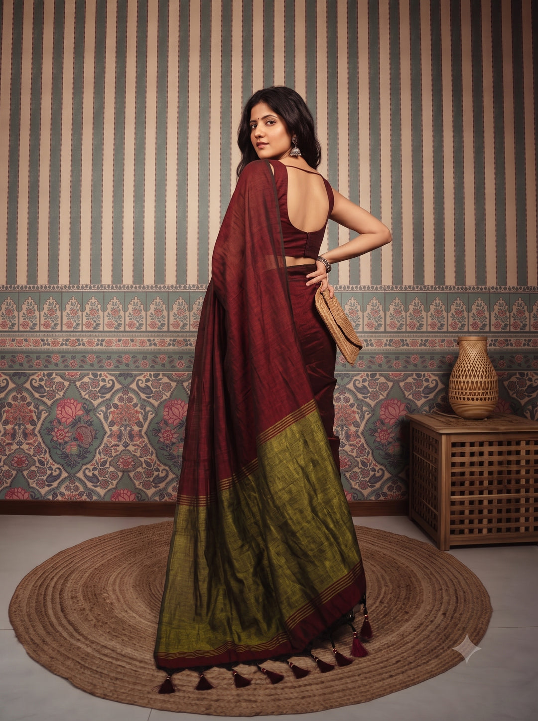 Wine Mul Cotton Saree with Antique Gold Zari Woven Pallu, Tassels & Matching Blouse