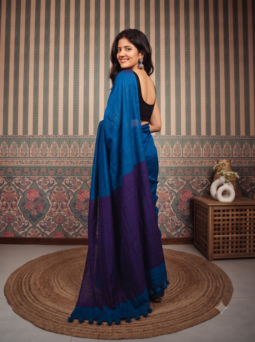 Cobalt Blue Mul Cotton Saree with Deep Purple Contrast Pallu, Tassels & Matching Blouse