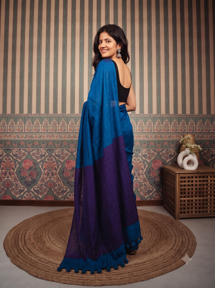 Cobalt Blue Mul Cotton Saree with Deep Purple Contrast Pallu, Tassels & Matching Blouse