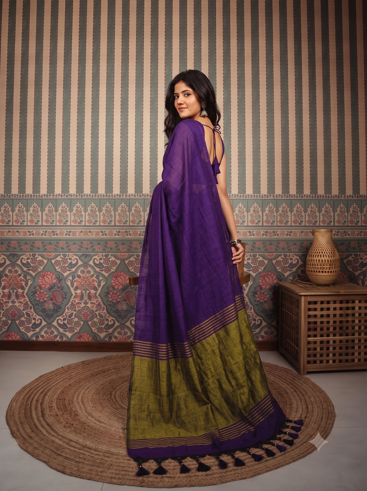 Deep Purple Mul Cotton Saree with Antique Gold Zari Woven Pallu, Tassels & Matching Blouse
