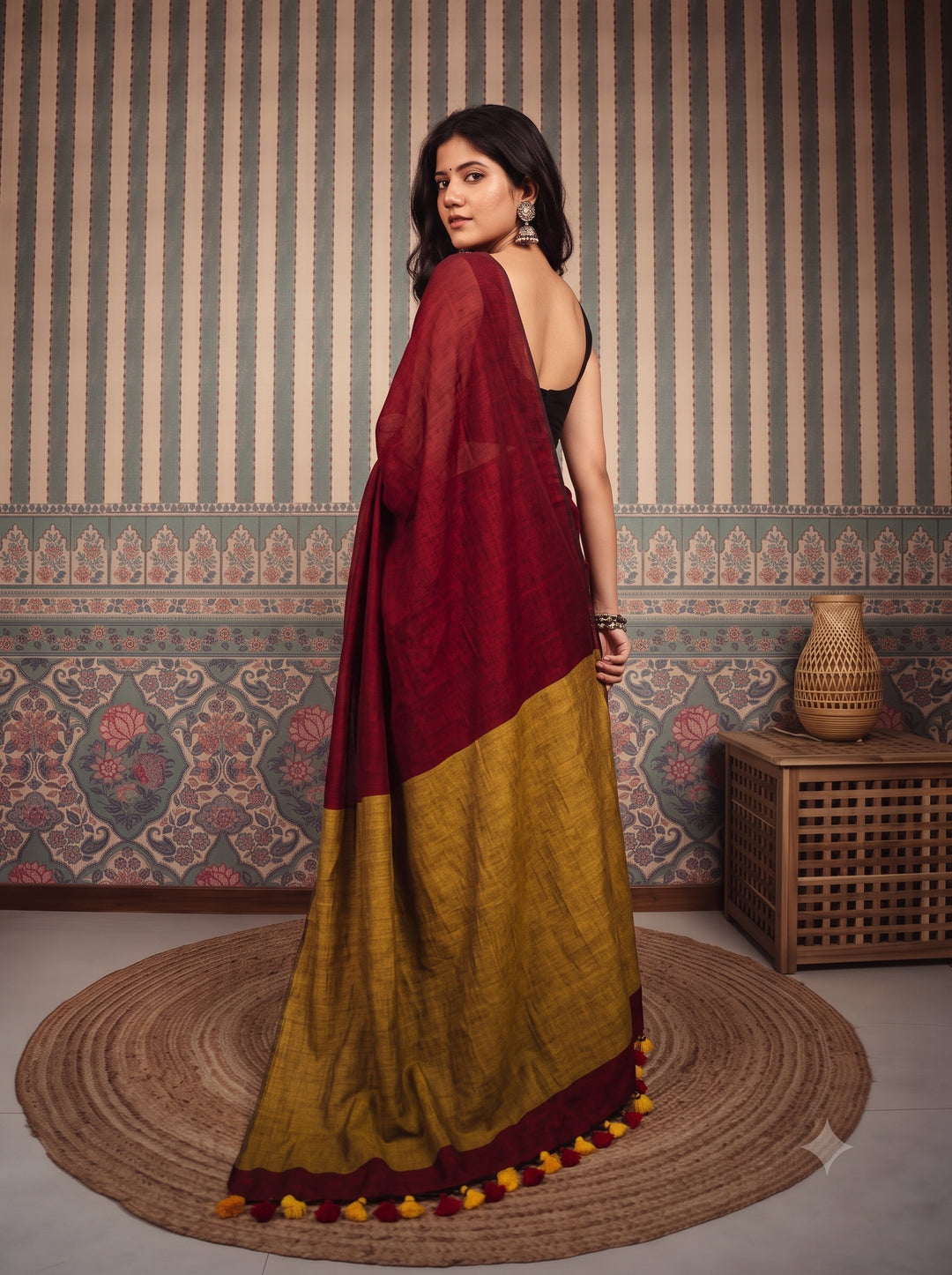 Deep Red Mul Cotton Saree with Mustard Gold Contrast Pallu, Tassels & Matching Blouse