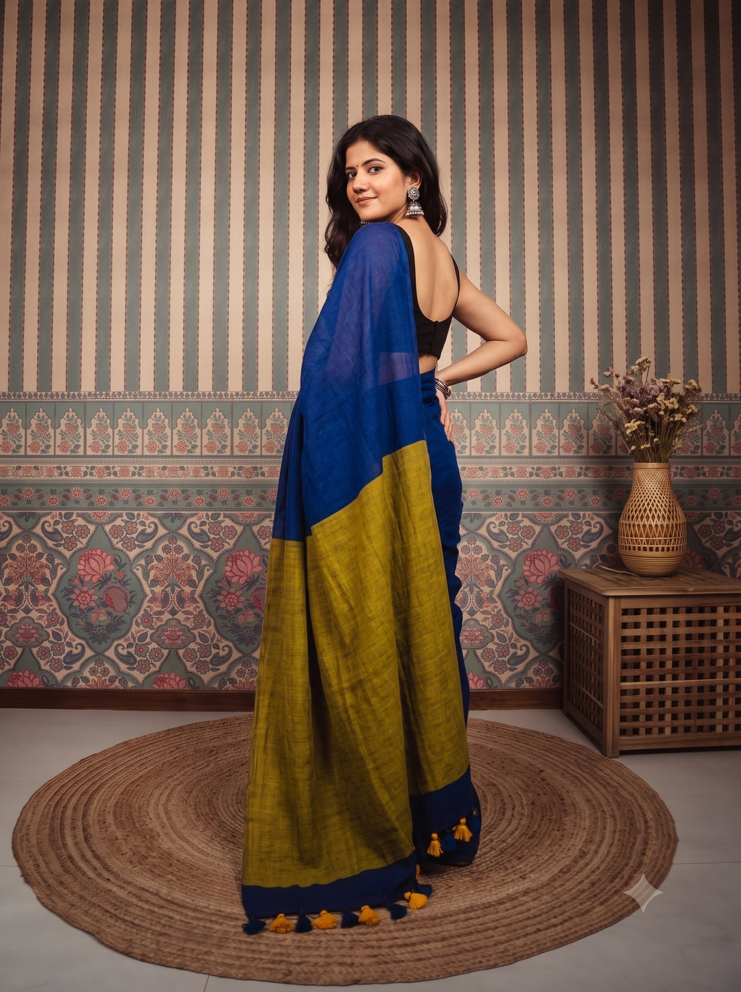 Royal Blue Mul Cotton Saree with Mustard Green Contrast Pallu, Tassels & Matching Blouse