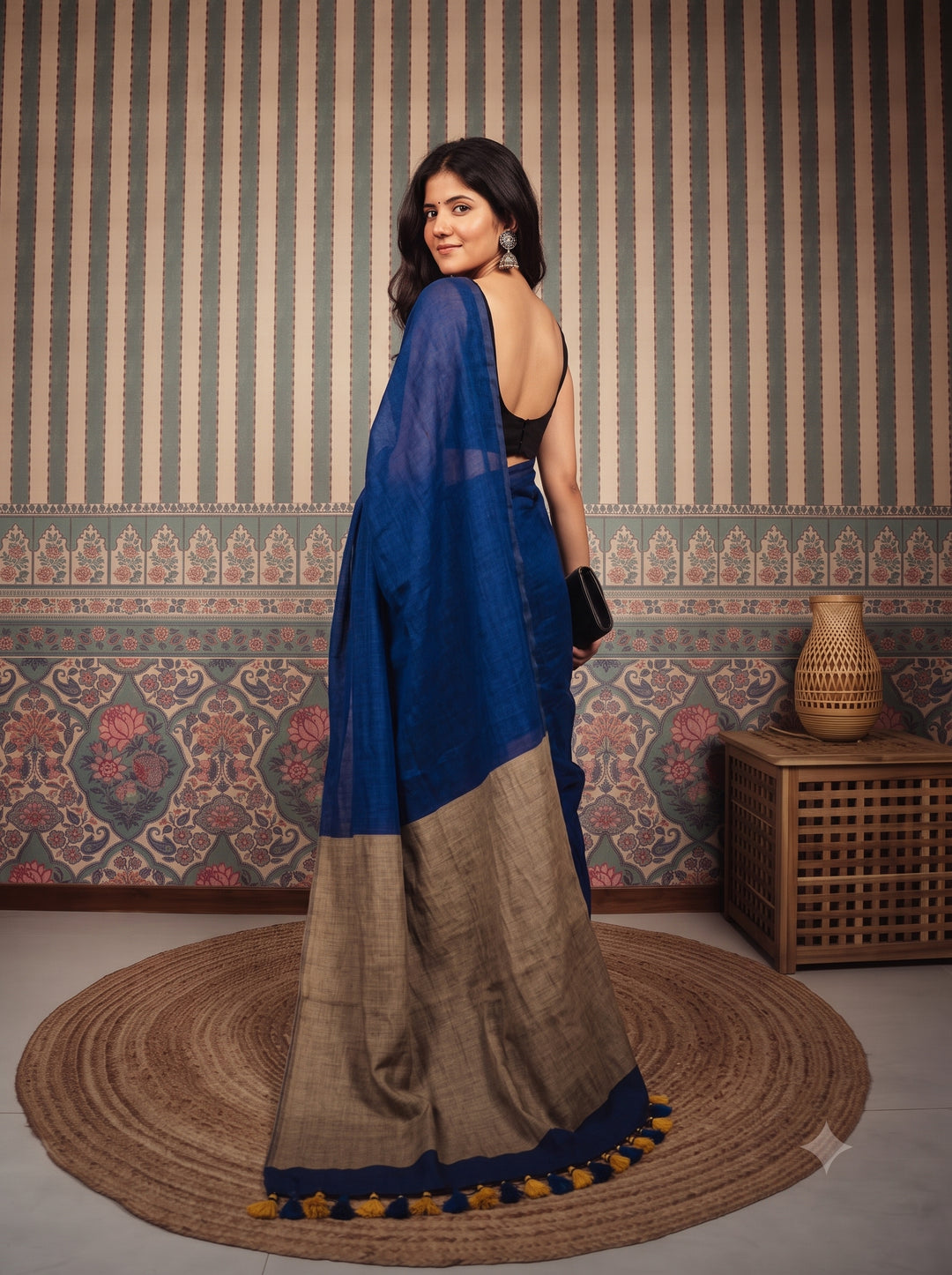 Navy Blue Mul Cotton Saree with Beige Contrast Pallu, Tassels & Matching Blouse