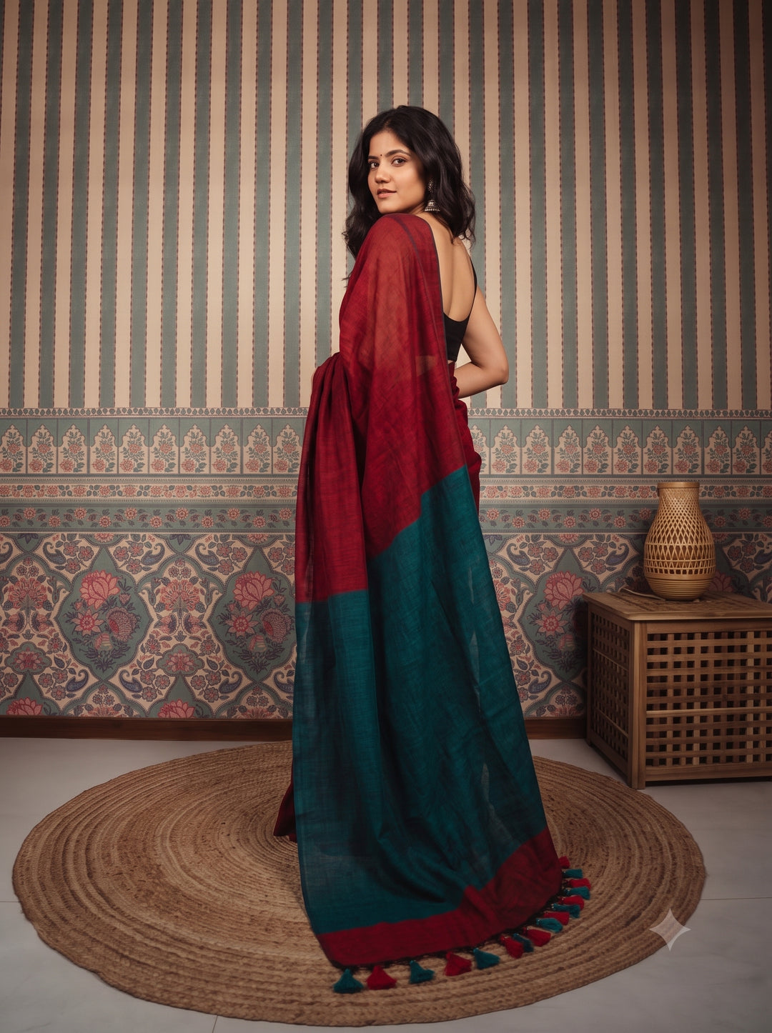 Ruby Red Mul Cotton Saree with Teal Green Contrast Pallu, Tassels & Matching Blouse