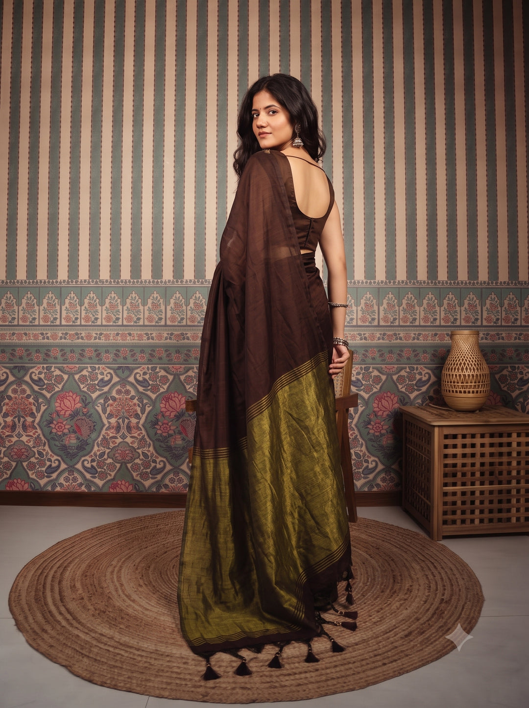 Chocolate Brown Mul Cotton Saree with Antique Gold Zari Woven Pallu, Tassels & Matching Blouse