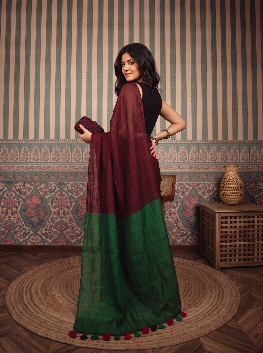 Wine Maroon Mul Cotton Saree with Contrast Emerald Green Pallu, Tassels & Matching Blouse