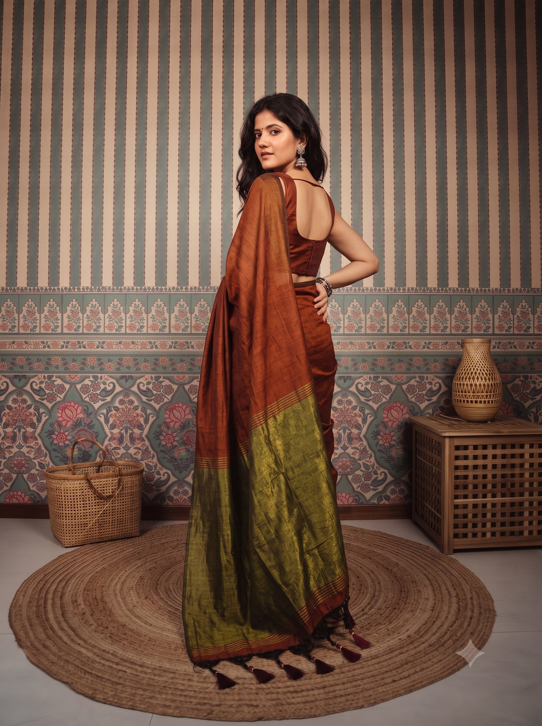 Rust Brown Mul Cotton Saree with Antique Gold Zari Woven Pallu, Tassels & Matching Blouse