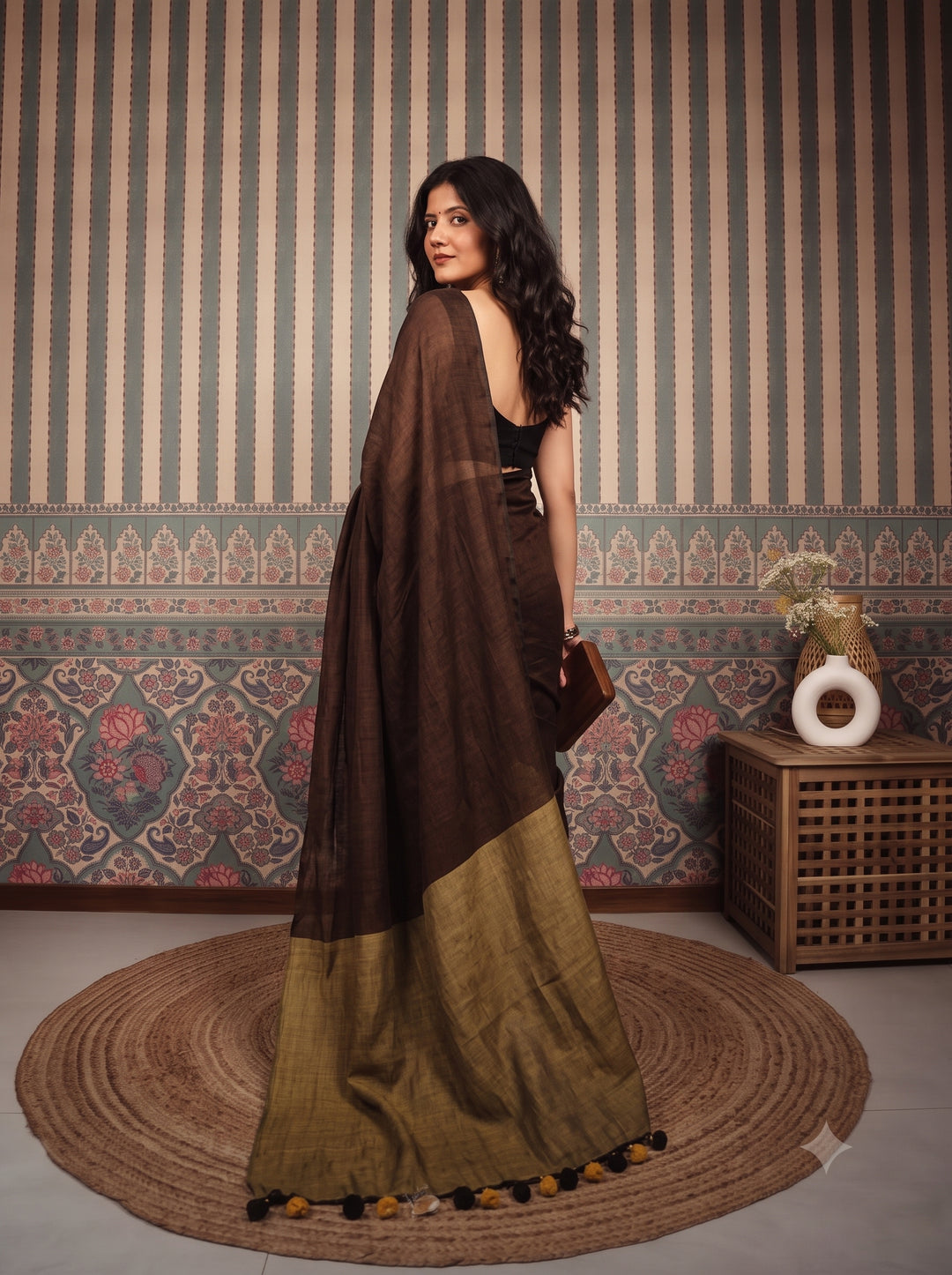 Chocolate Brown Mul Cotton Saree with Antique Gold Contrast Pallu, Tassels & Matching Blouse