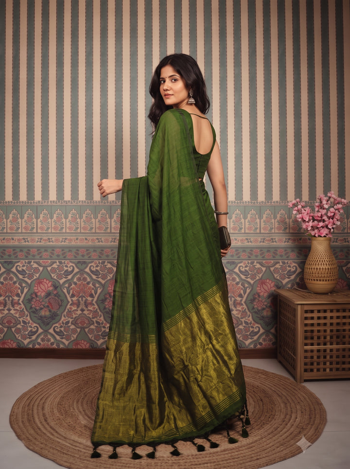 Mehendi Green Mul Cotton Saree with Antique Gold Zari Woven Pallu, Tassels & Matching Blouse