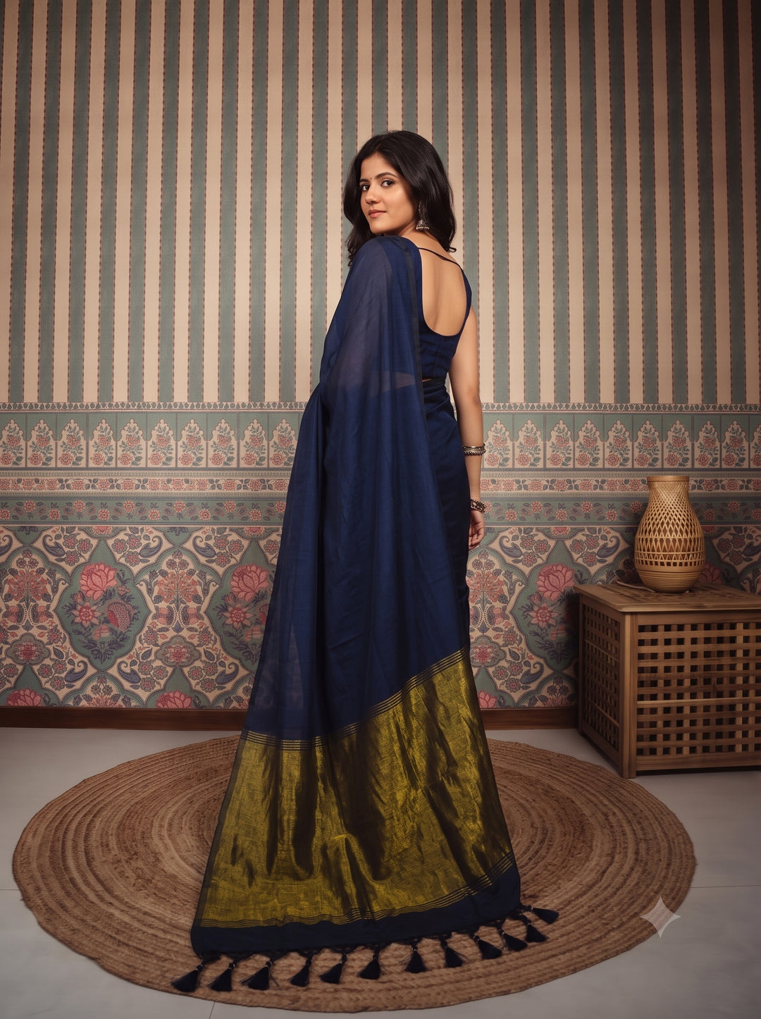Navy Blue Mul Cotton Saree with Antique Gold Zari Woven Pallu, Tassels & Matching Blouse
