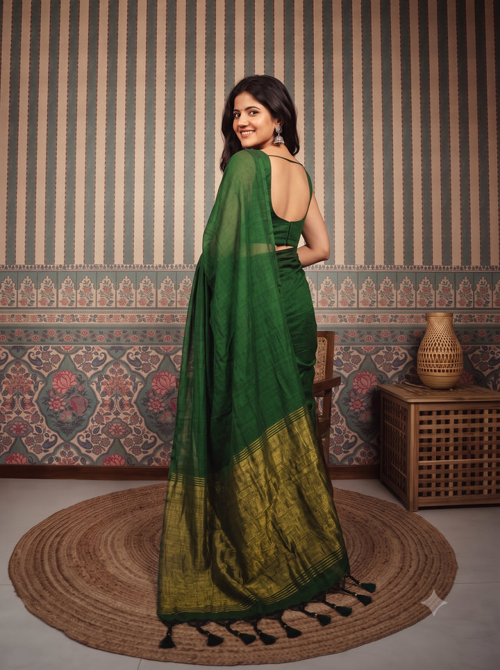 Bottle Green Mul Cotton Saree with Antique Gold Zari Woven Pallu, Tassels & Matching Blouse