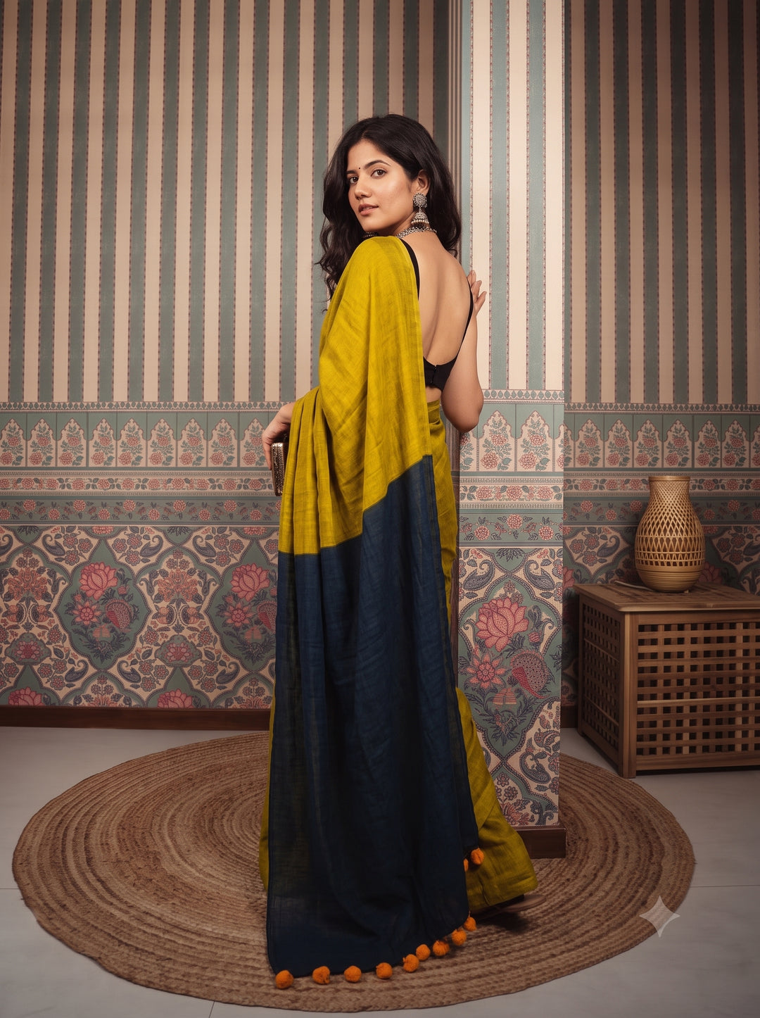 Mustard Yellow Mul Cotton Saree with Midnight Blue Contrast Pallu, Tassels & Matching Blouse