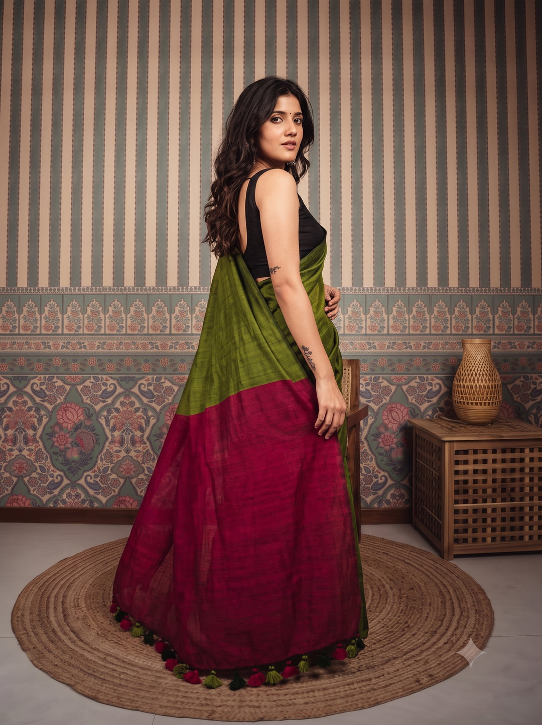 Olive Green Mul Cotton Saree with Contrast Magenta Pallu, Tassels & Matching Blouse