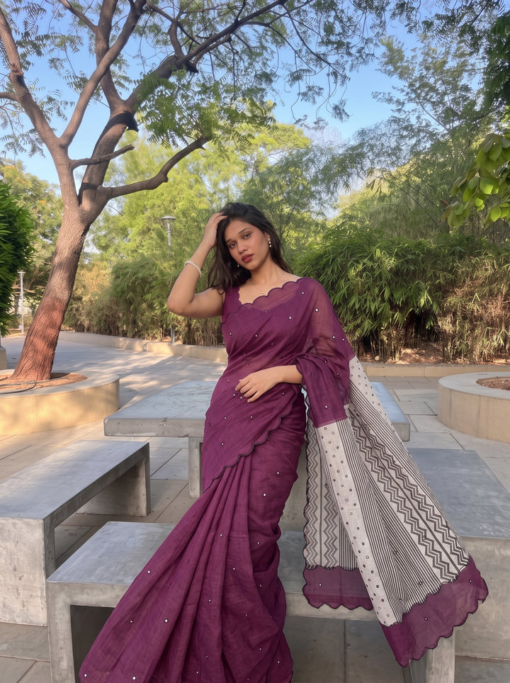 Wine Mul Cotton Saree with Aari Foil Mirror Work, Embroidered Arco Border & Contrast Printed Pallu with Blouse Piece