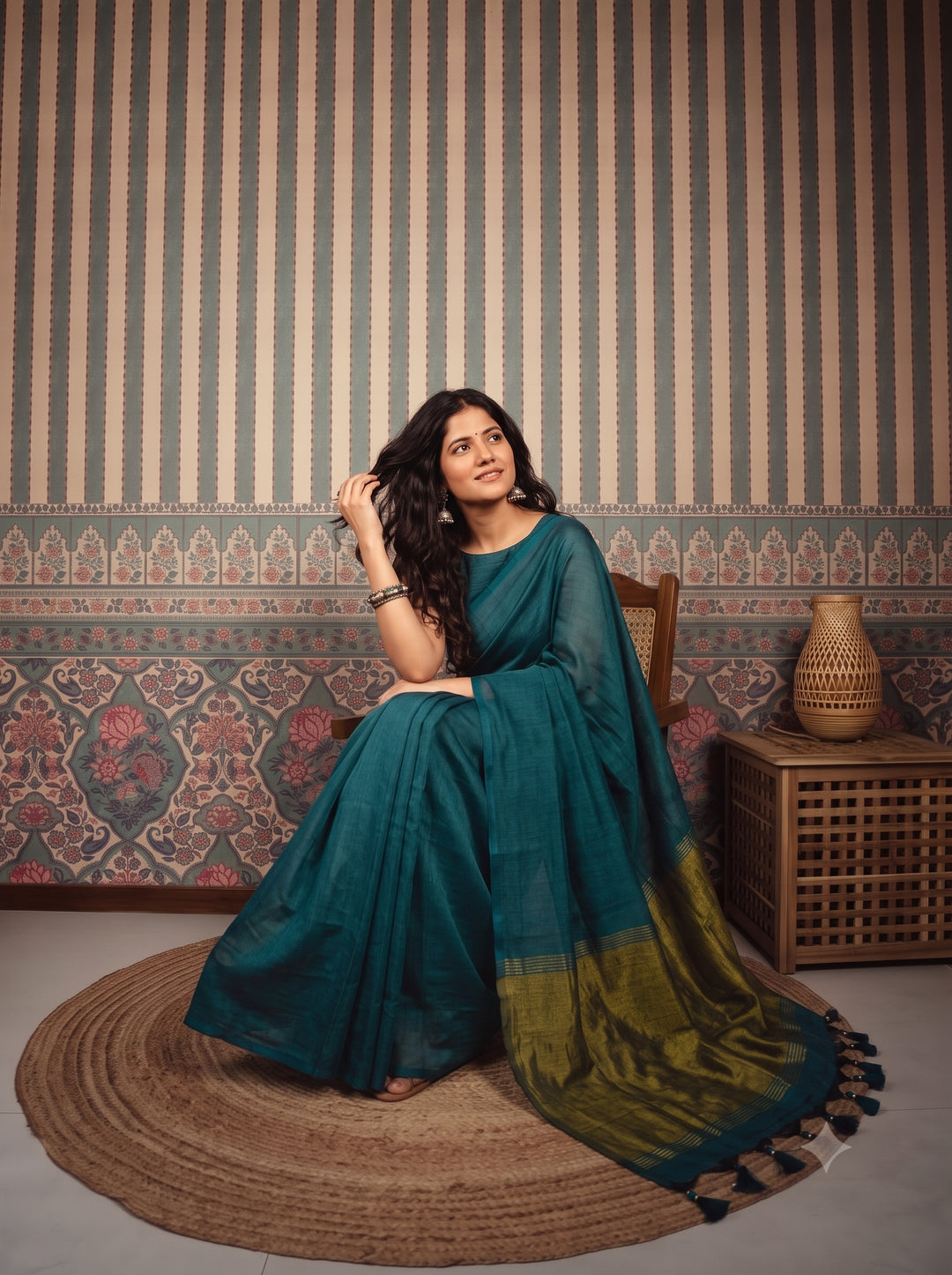 Teal Blue Mul Cotton Saree with Antique Gold Zari Woven Pallu, Tassels & Matching Blouse