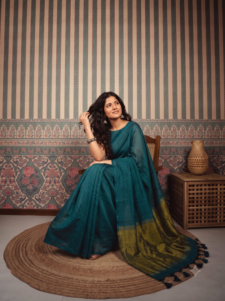 Teal Blue Mul Cotton Saree with Antique Gold Zari Woven Pallu, Tassels & Matching Blouse