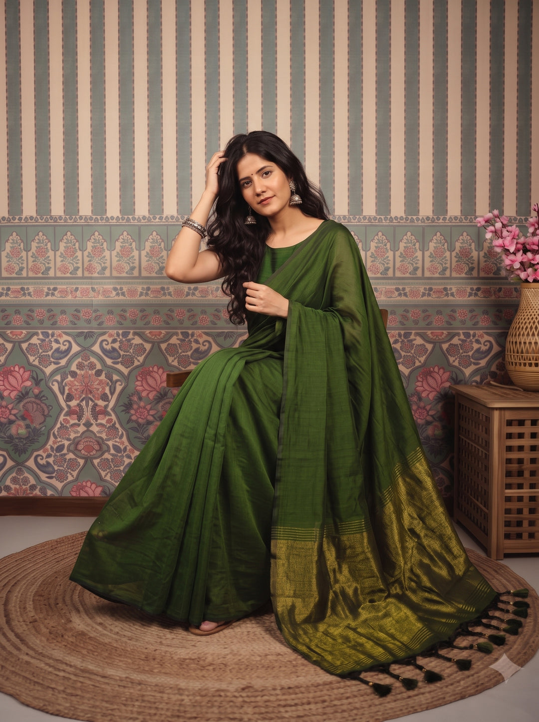Mehendi Green Mul Cotton Saree with Antique Gold Zari Woven Pallu, Tassels & Matching Blouse