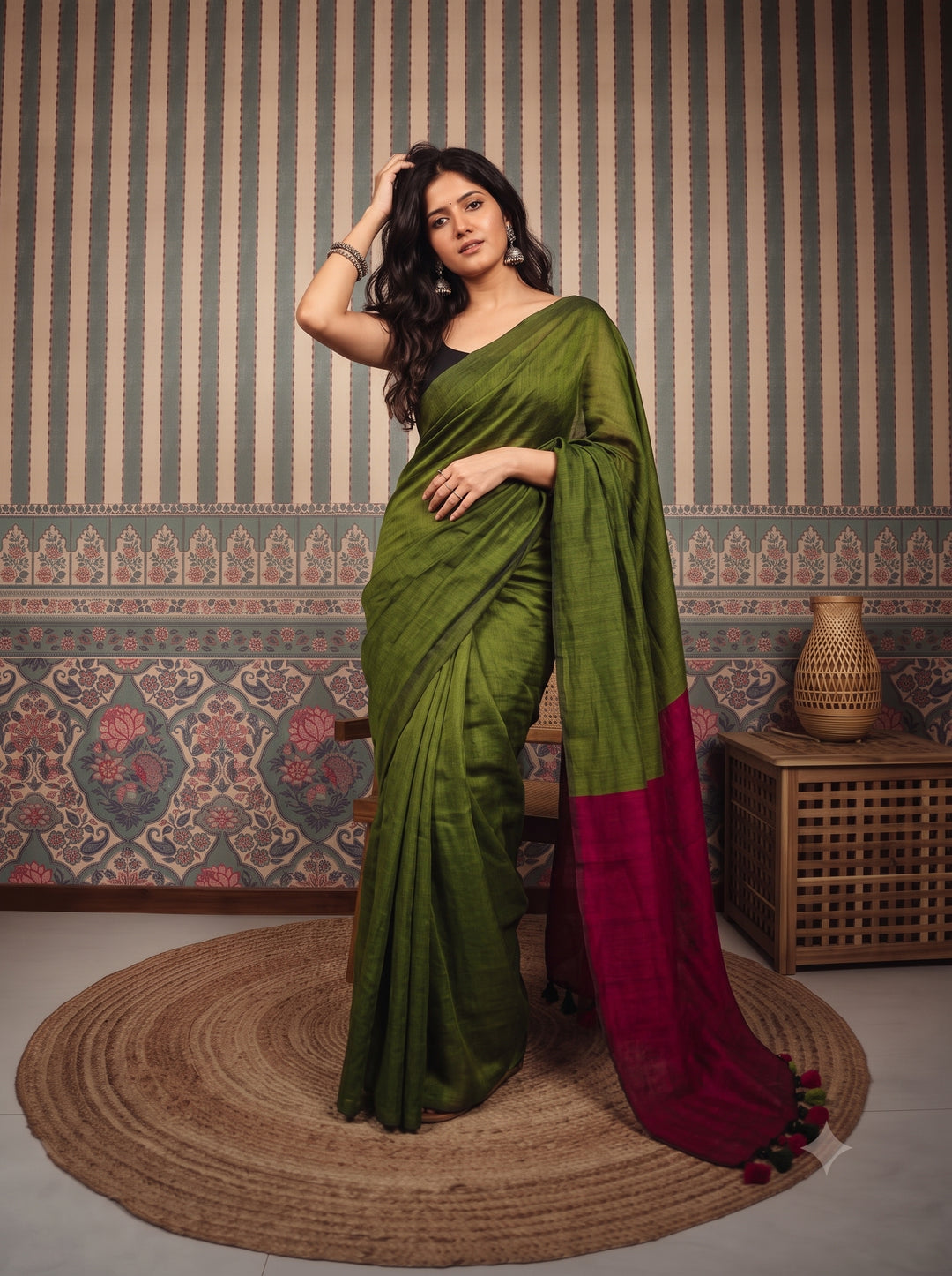 Olive Green Mul Cotton Saree with Contrast Magenta Pallu, Tassels & Matching Blouse