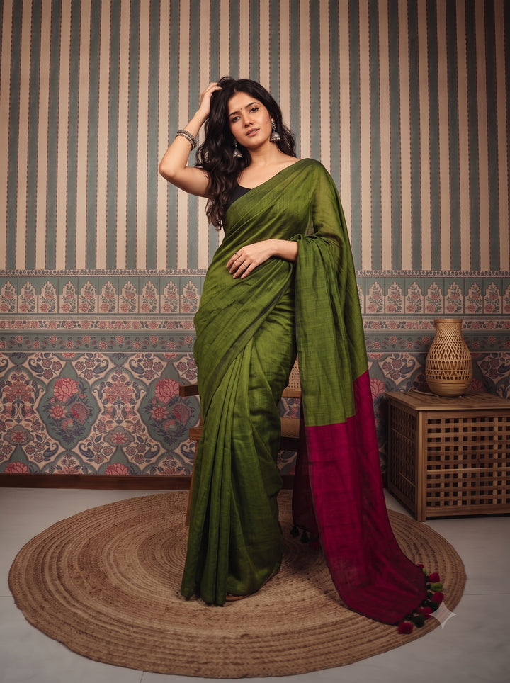 Olive Green Mul Cotton Saree with Contrast Magenta Pallu, Tassels & Matching Blouse