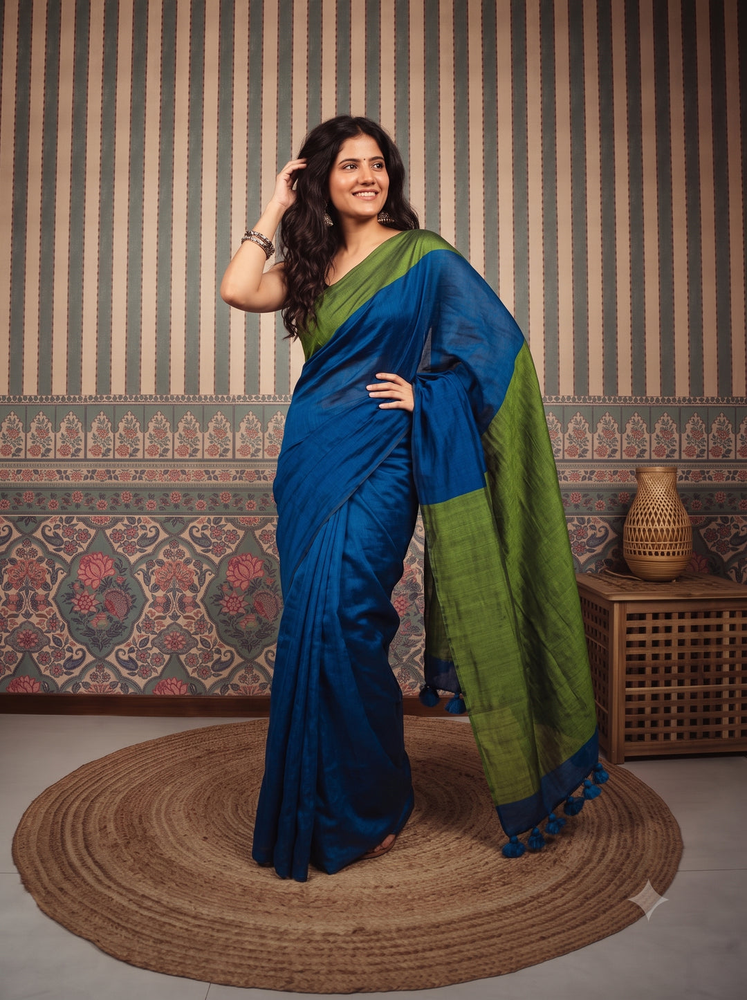 Royal Blue Mul Cotton Saree with Olive Green Contrast Pallu, Tassels & Matching Blouse