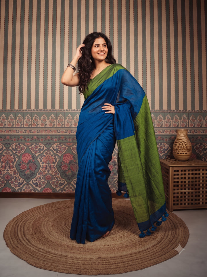 Royal Blue Mul Cotton Saree with Olive Green Contrast Pallu, Tassels & Matching Blouse