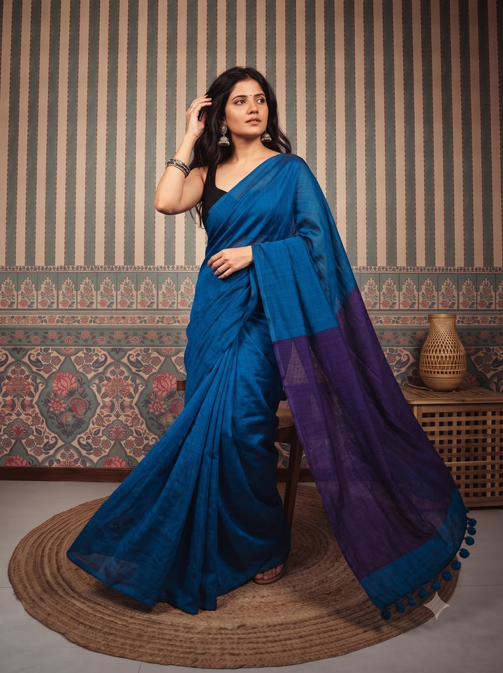 Cobalt Blue Mul Cotton Saree with Deep Purple Contrast Pallu, Tassels & Matching Blouse