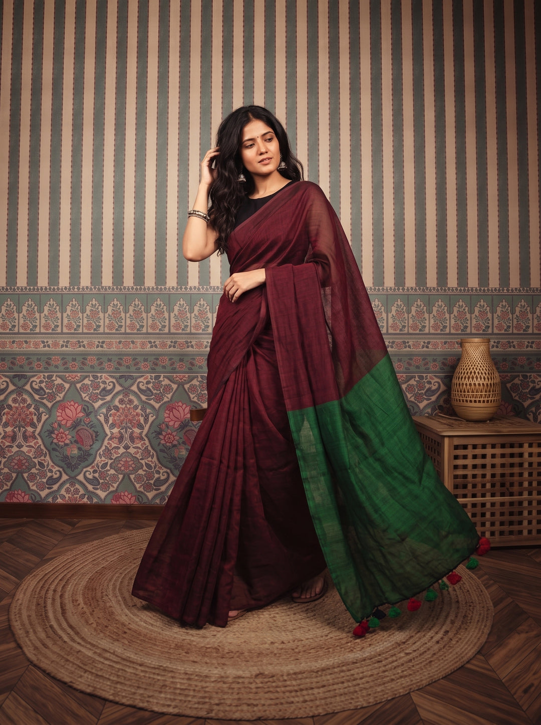 Wine Maroon Mul Cotton Saree with Contrast Emerald Green Pallu, Tassels & Matching Blouse