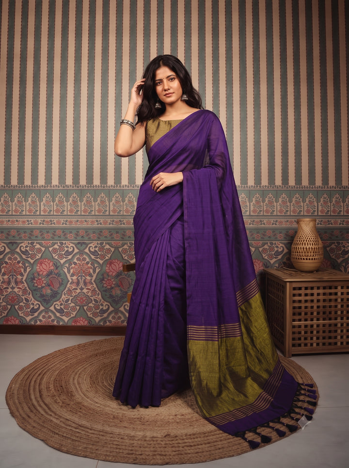 Deep Purple Mul Cotton Saree with Antique Gold Zari Woven Pallu, Tassels & Matching Blouse