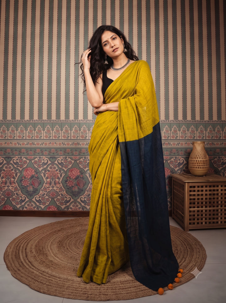 Mustard Yellow Mul Cotton Saree with Midnight Blue Contrast Pallu, Tassels & Matching Blouse