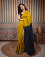 Mustard Yellow Mul Cotton Saree with Midnight Blue Contrast Pallu, Tassels & Matching Blouse