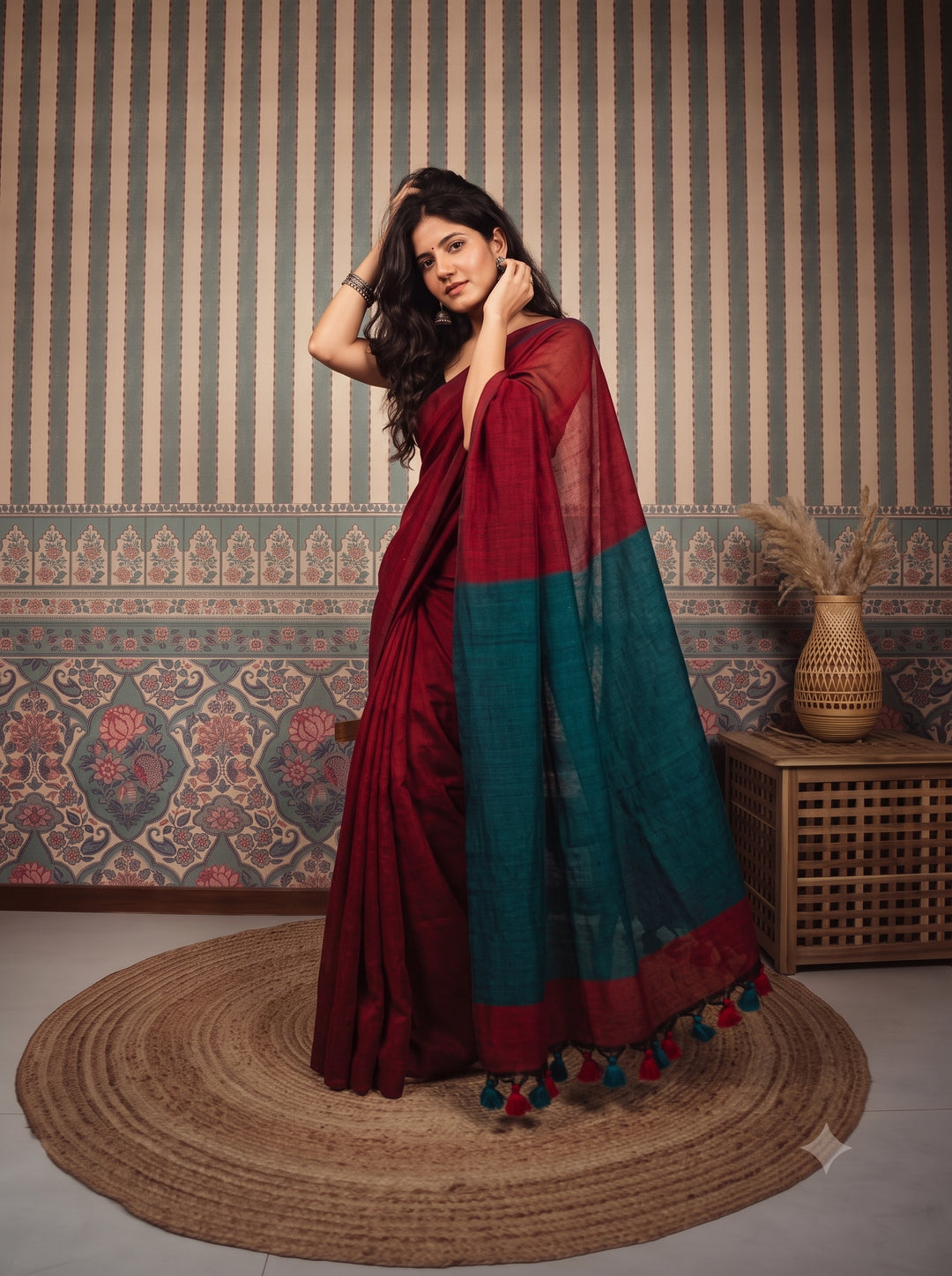 Ruby Red Mul Cotton Saree with Teal Green Contrast Pallu, Tassels & Matching Blouse