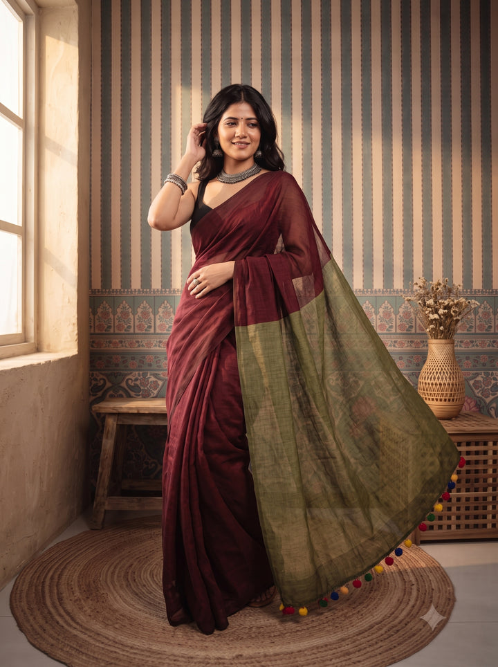 Wine Maroon Mul Cotton Saree with Olive Green Contrast Pallu, Tassels & Matching Blouse