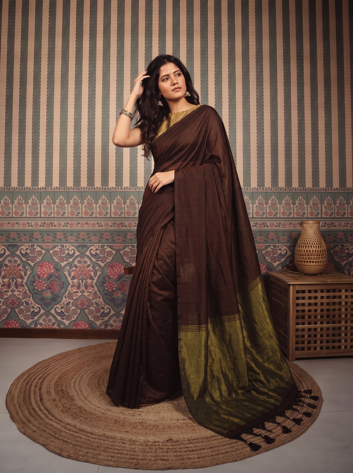 Chocolate Brown Mul Cotton Saree with Antique Gold Zari Woven Pallu, Tassels & Matching Blouse