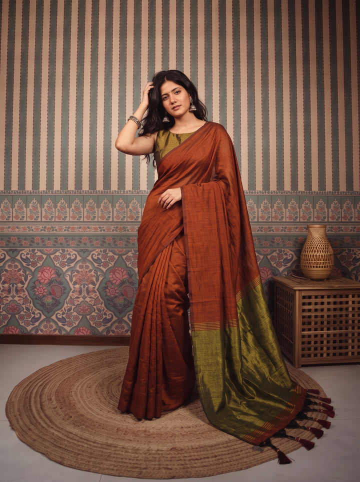Rust Brown Mul Cotton Saree with Antique Gold Zari Woven Pallu, Tassels & Matching Blouse