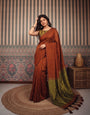 Rust Brown Mul Cotton Saree with Antique Gold Zari Woven Pallu, Tassels & Matching Blouse