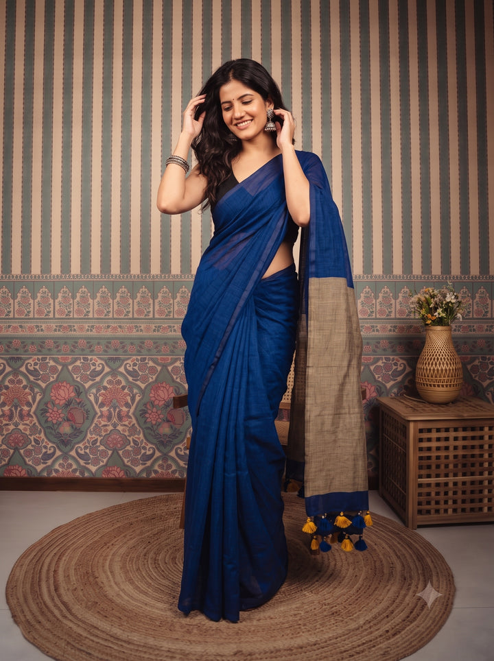 Navy Blue Mul Cotton Saree with Beige Contrast Pallu, Tassels & Matching Blouse
