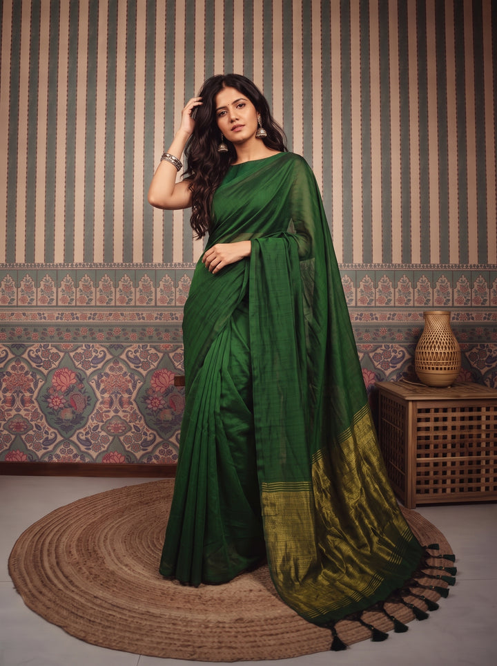 Bottle Green Mul Cotton Saree with Antique Gold Zari Woven Pallu, Tassels & Matching Blouse