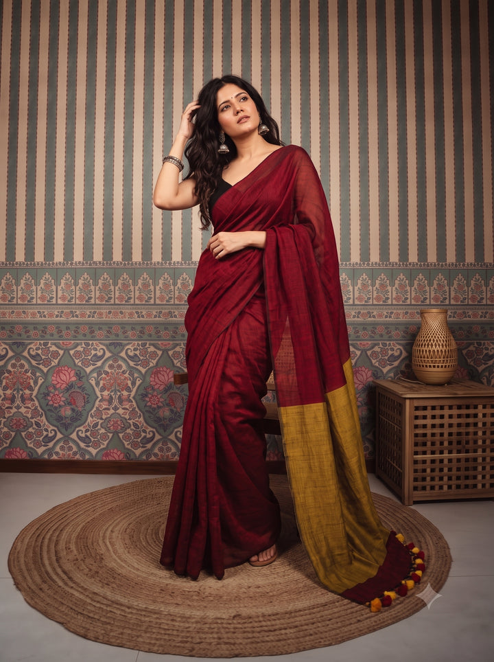 Deep Red Mul Cotton Saree with Mustard Gold Contrast Pallu, Tassels & Matching Blouse