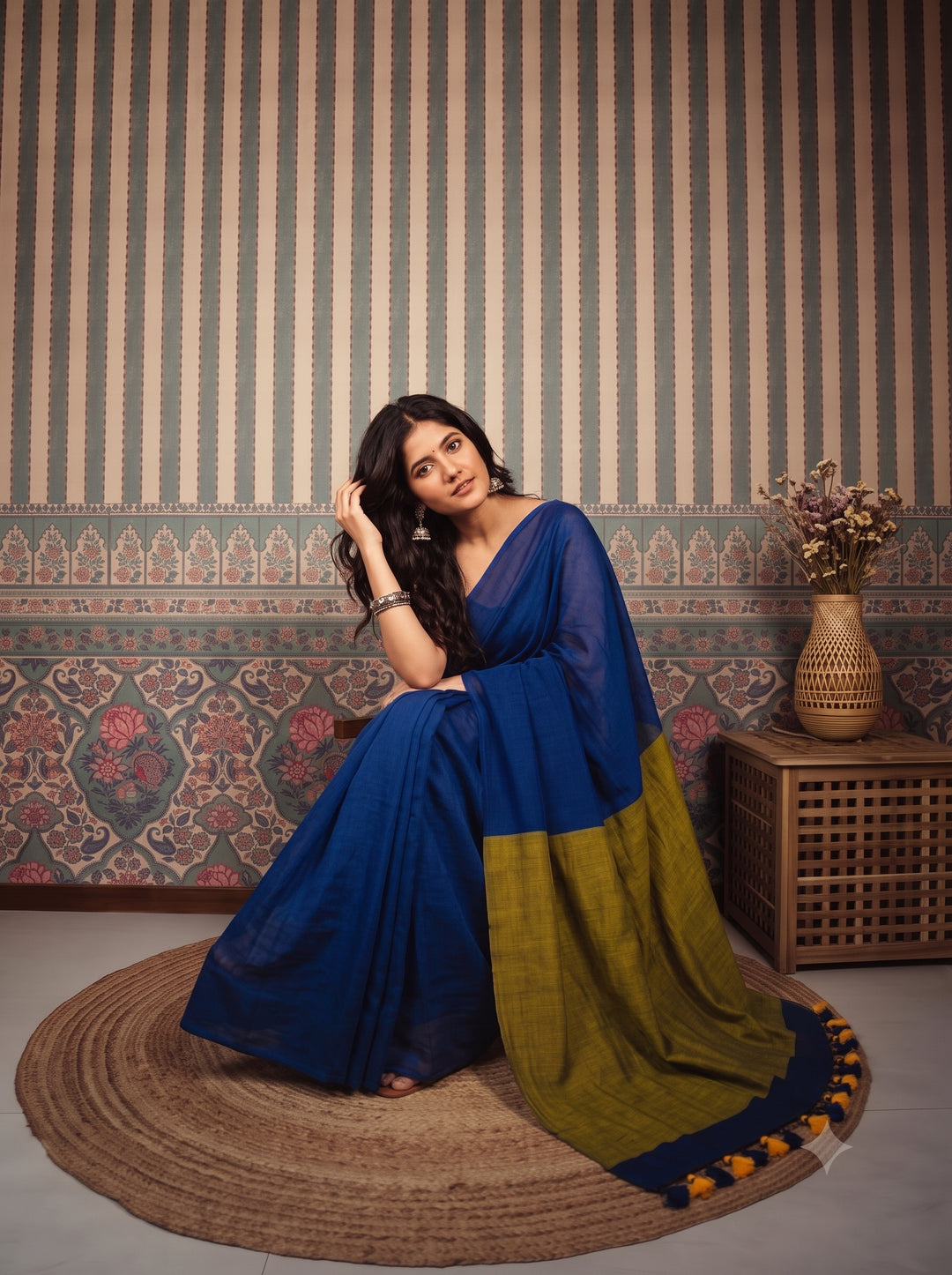 Royal Blue Mul Cotton Saree with Mustard Green Contrast Pallu, Tassels & Matching Blouse