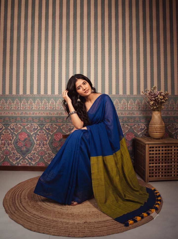 Royal Blue Mul Cotton Saree with Mustard Green Contrast Pallu, Tassels & Matching Blouse