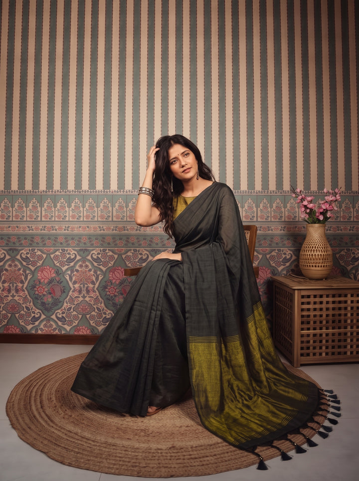 Grey Mul Cotton Saree with Antique Gold Zari Woven Pallu, Tassels & Matching Blouse
