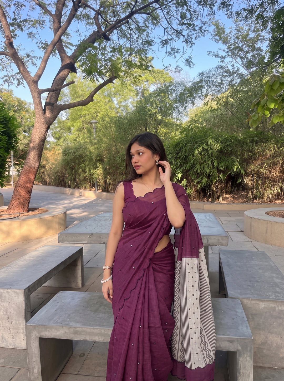 Wine Mul Cotton Saree with Aari Foil Mirror Work, Embroidered Arco Border & Contrast Printed Pallu with Blouse Piece