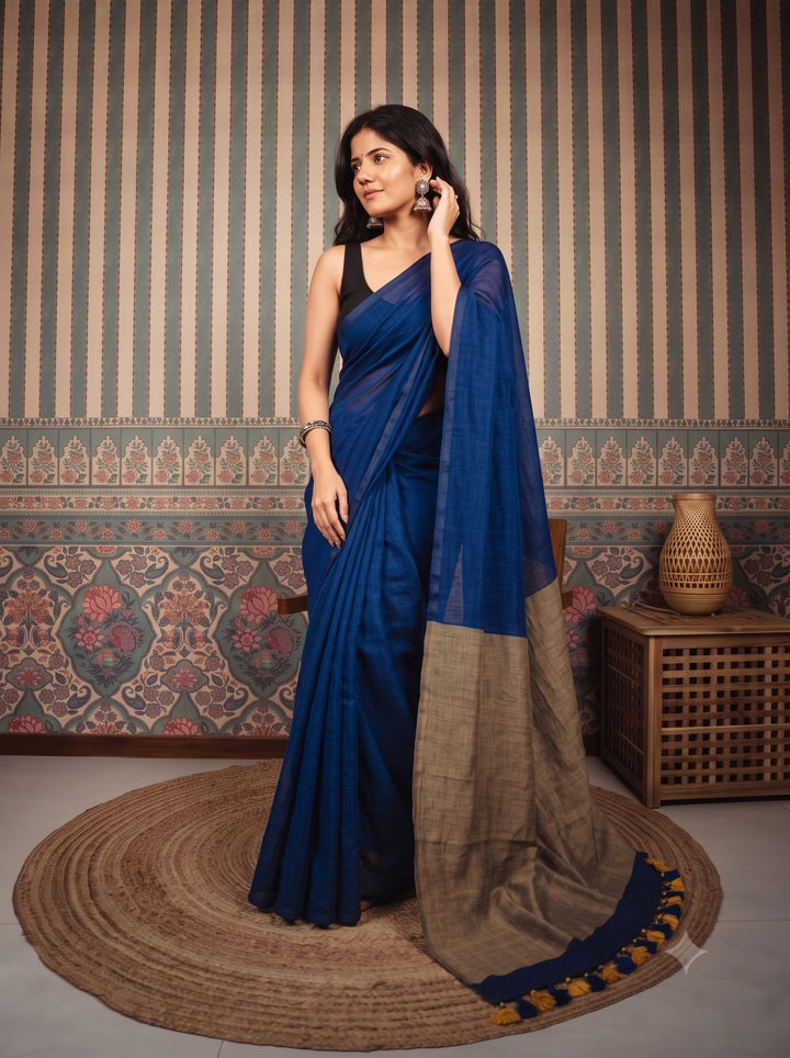 Navy Blue Mul Cotton Saree with Beige Contrast Pallu, Tassels & Matching Blouse