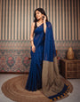 Navy Blue Mul Cotton Saree with Beige Contrast Pallu, Tassels & Matching Blouse