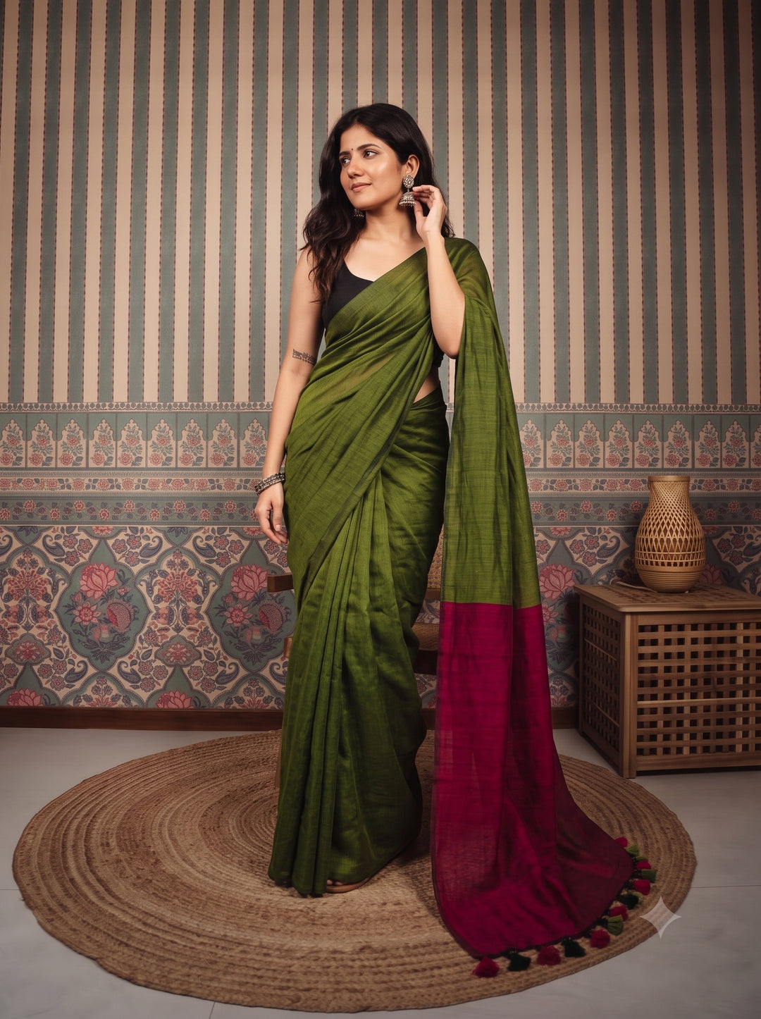 Olive Green Mul Cotton Saree with Contrast Magenta Pallu, Tassels & Matching Blouse