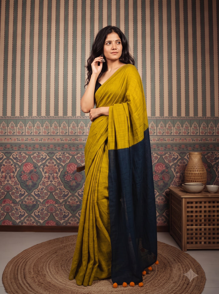 Mustard Yellow Mul Cotton Saree with Midnight Blue Contrast Pallu, Tassels & Matching Blouse