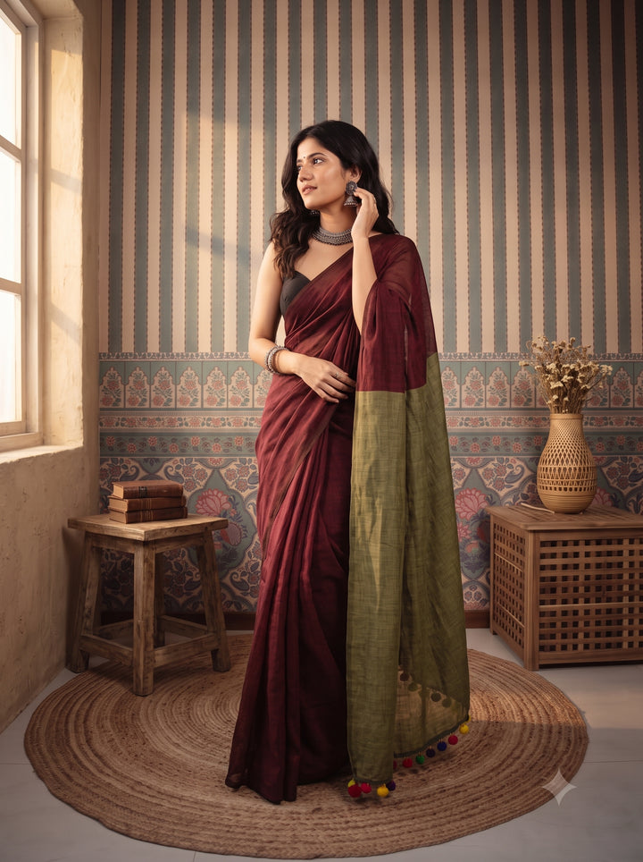 Wine Maroon Mul Cotton Saree with Olive Green Contrast Pallu, Tassels & Matching Blouse