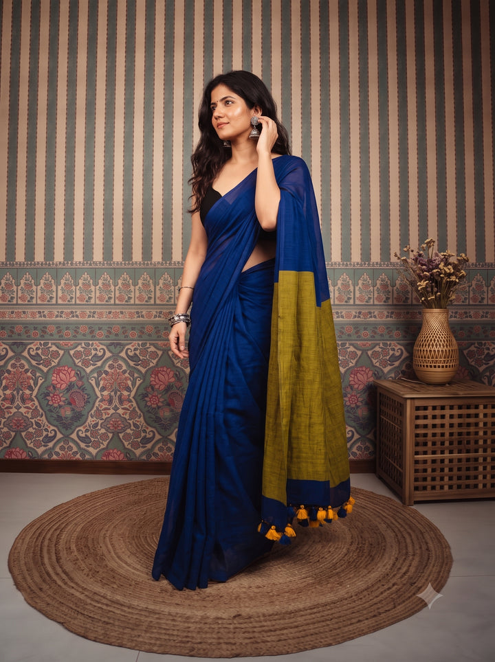 Royal Blue Mul Cotton Saree with Mustard Green Contrast Pallu, Tassels & Matching Blouse